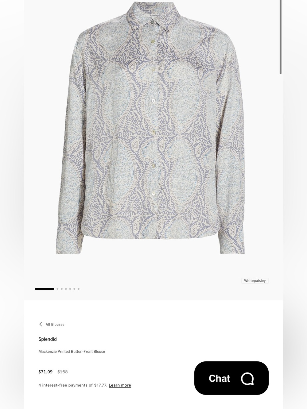 Splendid Mackenzie Light Blue Paisley Button-Down Blouse Sz XS